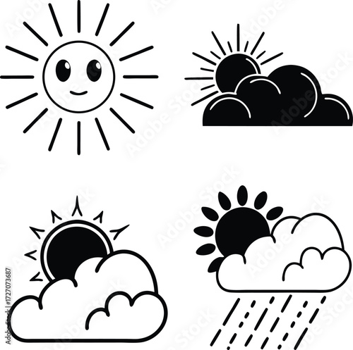“Black and White Vector Weather Icons: Simple Modern Sun, Cloud, Rain, Thunderstorm”
