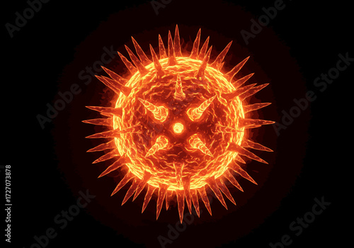 Microscopic View of a Glowing Spiked Virus Particle.