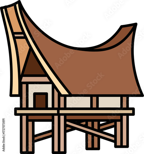 A vector illustration of a traditional Indonesian Tongkonan stilt house with a distinctive curved roof.