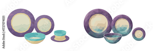 Colorful geometric dinnerware set in modern design displayed on a clean background