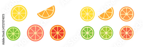 Colorful fruit slices arranged in a bright pattern showcasing various citrus types for a fresh and vibrant display