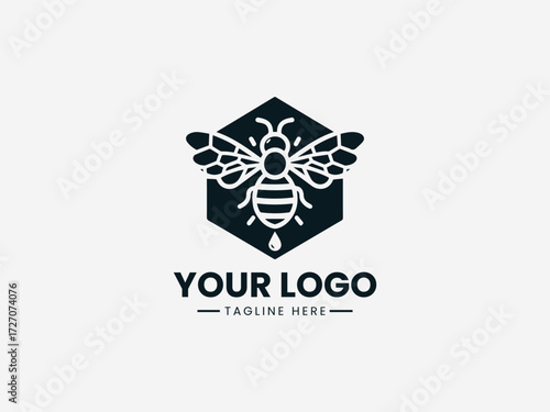 Detailed honey bee vector logo with transparent wings and honeycomb pattern for apiary business branding