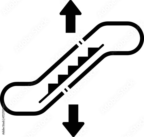 A simple black and white icon of an escalator with arrows indicating upward and downward movement.