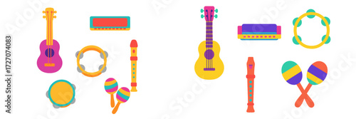 Various colorful musical instruments arranged on a white background for creativity and learning
