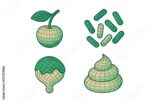 Creative illustration of green-themed food items including fruits, ice cream, and pills