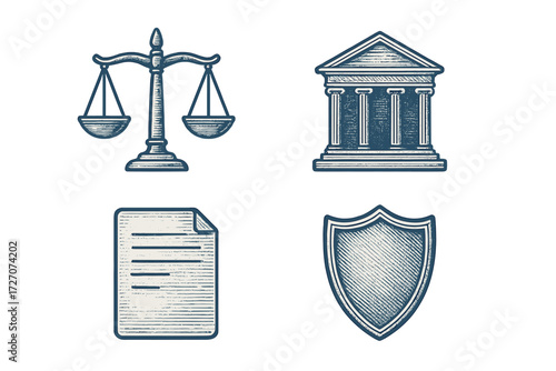 Legal symbols representing justice, court, documents, and protection in a detailed design