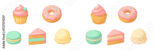 Colorful sweet treats display with various desserts including cupcakes, donuts, and macarons on a white background
