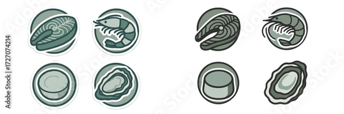 Seafood icons representing shrimp, oysters, and clams in a simple and modern design