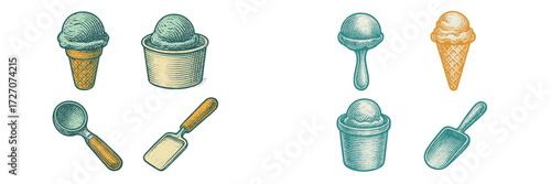 Different styles of ice cream served in cones and cups with scoops and utensils at a summer outdoor event