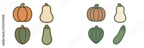 Colorful collection of hand-drawn squash and pumpkins set against a simple background in autumn tones