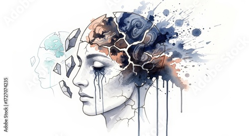 The Mind In Pieces Illustration - An illustration of a person with a cracked head, symbolizing emotional turmoil, mental fragmentation, and inner conflict.