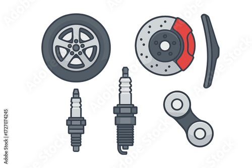 Car parts and accessories layout showing wheel, brake disc, spark plugs, and chain link on a white background