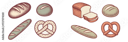 Diverse selection of baked goods including bread loaves, rolls, and pretzels presented on a clean background