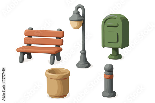 Brightly colored park elements including a bench, lamp post, mailbox, flower pot, and decorative post in a city setting
