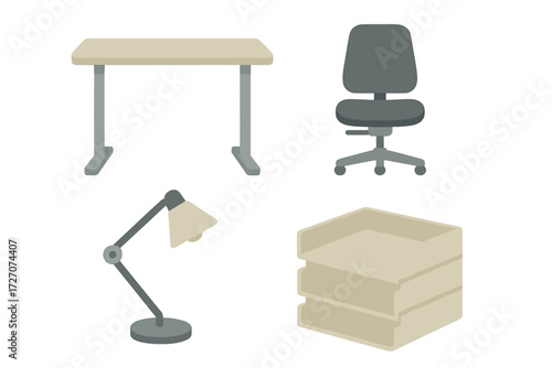 Office furniture collection featuring desk, chair, lamp, and organizer suitable for modern workspaces