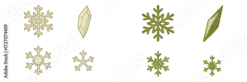 Different styles of decorative snowflakes created for winter-themed designs and craft projects in soft green tones and various shapes