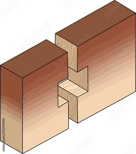 An isometric illustration of two wooden blocks with a precisely cut interlocking joint, shown separated before assembly.