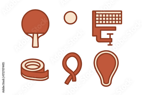 Various sports equipment and accessories displayed in a minimalist design focusing on ping pong and other activities