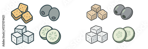Assorted snacks featuring olives, tofu, and cucumber slices displayed on a clean surface