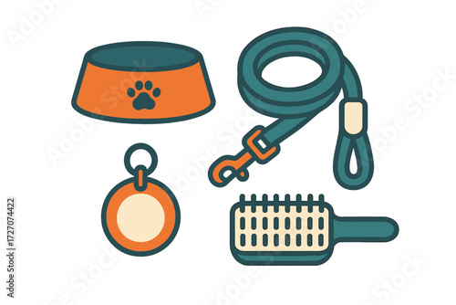 Dog accessories including collar, leash, tag, and grooming brush for pet care