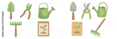 Gardening tools and equipment arranged on a white background for plant care and cultivation