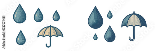 Stylish rain-themed illustration featuring water droplets and umbrellas in a minimalist design