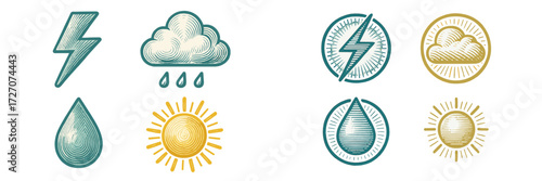 Weather symbols representing different conditions like lightning, rain, clouds, and sunshine in a clean, minimal design