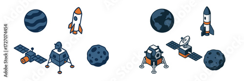 Exploring outer space with spacecraft, planets, and satellites in a fun and colorful illustration