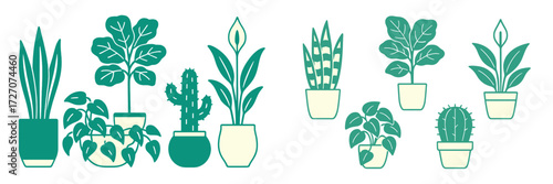 Variety of indoor plants in decorative pots arranged harmoniously on a light background showcasing their unique shapes and colors