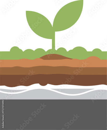 A flat vector illustration of a young green sprout growing in a cross-section of soil layers.
