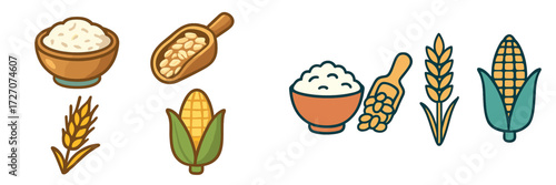 Corn and rice illustrated in simple shapes showcasing agricultural products and their uses in cooking