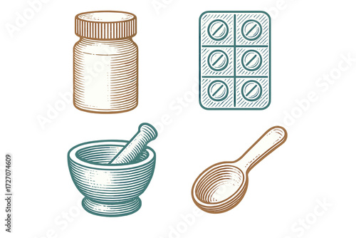 Detailed drawing of herbal medicine items including a jar, pill blister pack, mortar, and scoop on a clean background