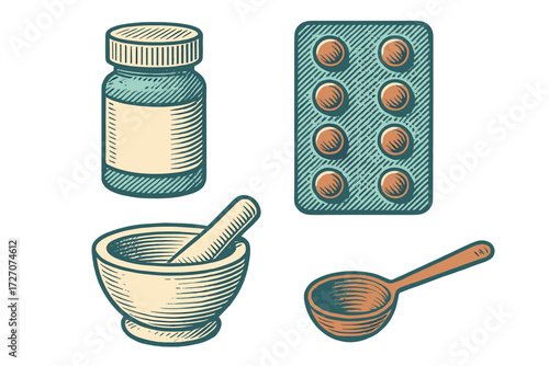 Illustration of pharmacy tools including a medicine jar, tablet blister, mortar, and measuring spoon on a light background