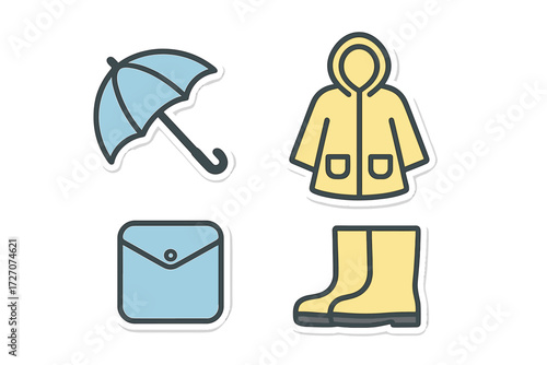 Weather essentials for rainy days including umbrella, raincoat, waterproof boots, and storage bag