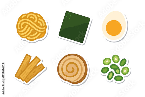 Delicious ingredients for a classic ramen dish featuring noodles, nori, egg, and toppings in a minimalist style