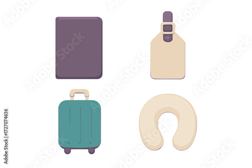 Travel essentials including suitcase, passport holder, luggage tag, and neck pillow for comfortable journeys