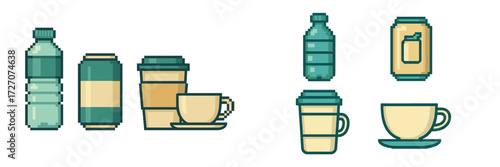 Different types of beverages and containers in pixel art style showcasing drink options and packaging