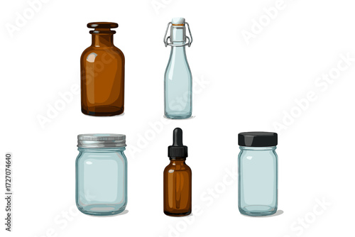 Various glass bottles and jars displayed in different shapes and sizes for storage and packaging purposes