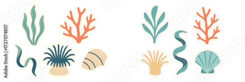 Colorful sea life and coral designs on a white background showcasing marine biodiversity