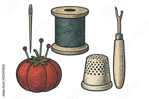 Craft supplies for sewing and embroidery featuring a tomato pin cushion, thread spool, thimble, and crochet hook in artistic design