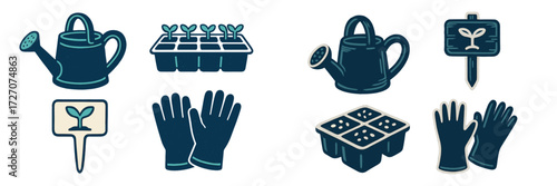 Gardening tools and supplies for planting seedlings in a home garden setting