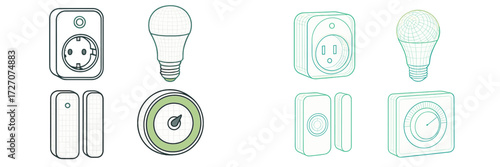 Collection of smart home devices including light bulbs, outlets, and timers designed for modern living