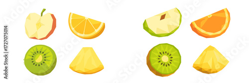 Bright and colorful low-poly fruit slices displayed on a white background for artistic and design inspiration