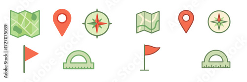 Exploring navigation symbols with maps, compasses, and markers designed in a simple, colorful style