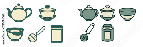 Various tea and kitchen wares displayed in simple design, showcasing teapots, bowls, and storage containers in soothing colors
