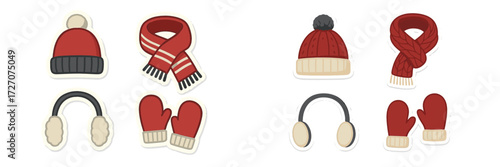Winter accessories display with hats, scarves, gloves, and earmuffs in warm colors for seasonal fashion