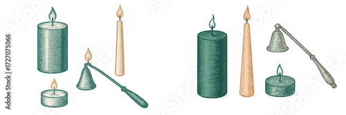 Decorative candles and candle holders arranged in a stylish display for a cozy atmosphere