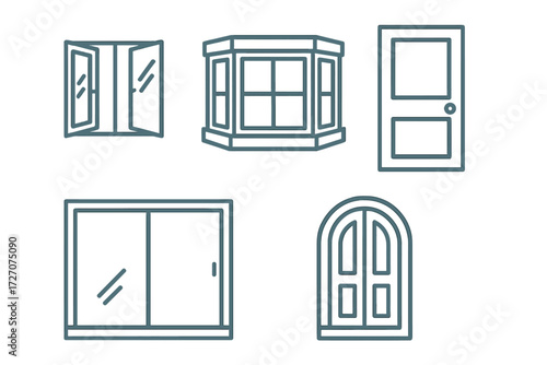 Various window and door designs displayed together showcasing diverse styles and shapes in a minimalist layout suitable for home decor inspiration