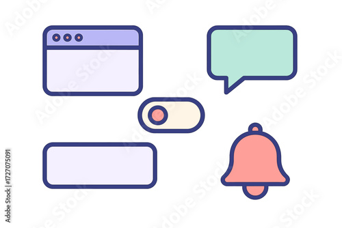 Colorful icons representing web design elements, communication tools, and notifications in a modern digital interface