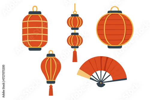 Red lanterns and a fan create a festive atmosphere for a cultural celebration